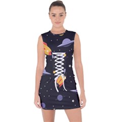 Cosmos Rocket Spaceships Ufo Lace Up Front Bodycon Dress by Wegoenart