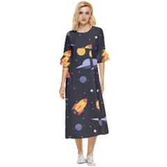 Cosmos Rocket Spaceships Ufo Double Cuff Midi Dress