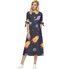 Cosmos Rocket Spaceships Ufo Bow Sleeve Chiffon Midi Dress by Wegoenart