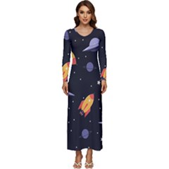 Cosmos Rocket Spaceships Ufo Long Sleeve Velour Longline Maxi Dress by Wegoenart