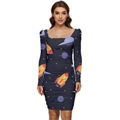 Cosmos Rocket Spaceships Ufo Women Long Sleeve Ruched Stretch Jersey Dress by Wegoenart