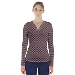 Brown Square Squares Template Background Diamond Pattern V-neck Long Sleeve Top by Wegoenart