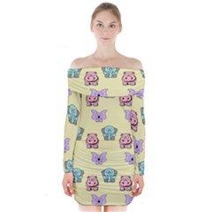 Illustration Animals Pastel Children Colorful Long Sleeve Off Shoulder Dress by Wegoenart