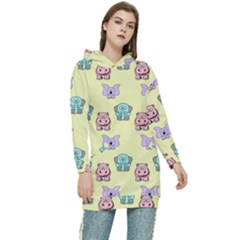 Illustration Animals Pastel Children Colorful Women s Long Oversized Pullover Hoodie