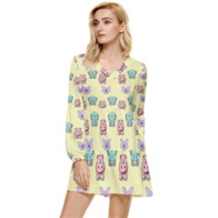 Illustration Animals Pastel Children Colorful Tiered Long Sleeve Mini Dress by Wegoenart