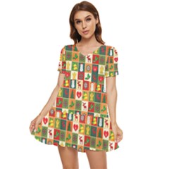 Illustration Template Christmas Pattern Tiered Short Sleeve Babydoll Dress