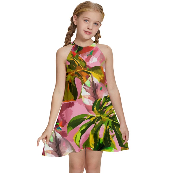 Illustration Paintimg Paint Monstera Leave Leaf Plant Green Kids  Halter Collar Waist Tie Chiffon Dress