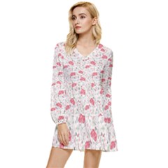 Illustration Flowers Pattern Wallpaper Floral Tiered Long Sleeve Mini Dress by Wegoenart