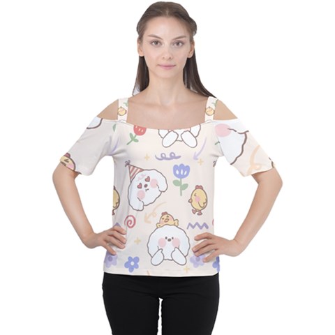 Chicken Dog Flower Sun Pattern Cutout Shoulder Tee by Sudhe