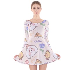 Chicken Dog Flower Sun Pattern Long Sleeve Velvet Skater Dress