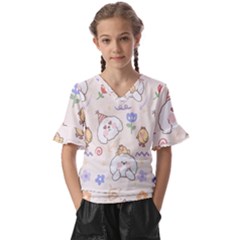 Chicken Dog Flower Sun Pattern Kids  V-neck Horn Sleeve Blouse by Sudhe