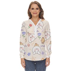 Chicken Dog Flower Sun Pattern Zip Up Long Sleeve Blouse