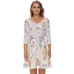 Chicken Dog Flower Sun Pattern Shoulder Cut Out Zip Up Dress