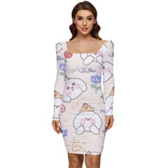 Chicken Dog Flower Sun Pattern Women Long Sleeve Ruched Stretch Jersey Dress by Sudhe