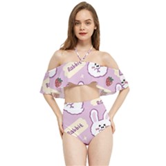 Illustration Rabbit Cartoon Background Pattern Halter Flowy Bikini Set 