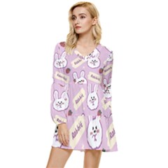 Illustration Rabbit Cartoon Background Pattern Tiered Long Sleeve Mini Dress by Sudhe