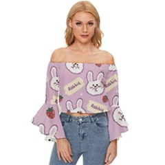 Illustration Rabbit Cartoon Background Pattern Off Shoulder Flutter Bell Sleeve Top