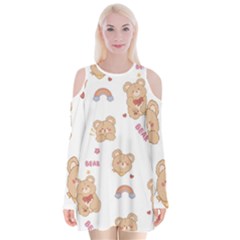 Illustrations Bear Cartoon Background Pattern Velvet Long Sleeve Shoulder Cutout Dress