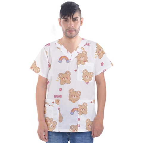 Illustrations Bear Cartoon Background Pattern Men s V-neck Scrub Top by Sudhe