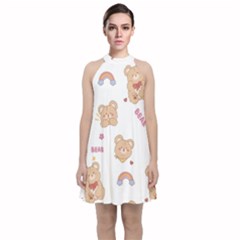 Illustrations Bear Cartoon Background Pattern Velvet Halter Neckline Dress 