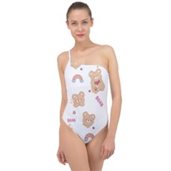 Illustrations Bear Cartoon Background Pattern Classic One Shoulder Swimsuit by Sudhe