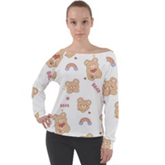 Illustrations Bear Cartoon Background Pattern Off Shoulder Long Sleeve Velour Top by Sudhe