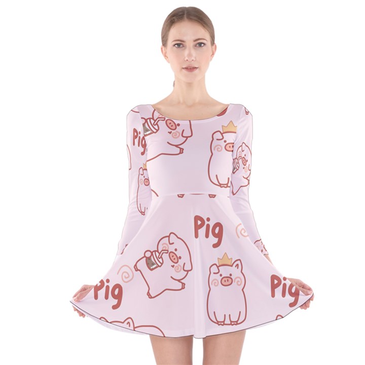 Pig Cartoon Background Pattern Long Sleeve Velvet Skater Dress