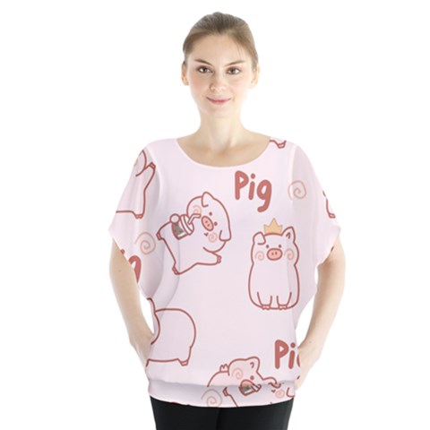 Pig Cartoon Background Pattern Batwing Chiffon Blouse by Sudhe