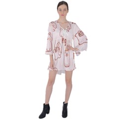 Pig Cartoon Background Pattern V-neck Flare Sleeve Mini Dress by Sudhe