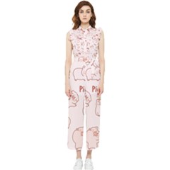 Pig Cartoon Background Pattern Women s Frill Top Chiffon Jumpsuit by Sudhe