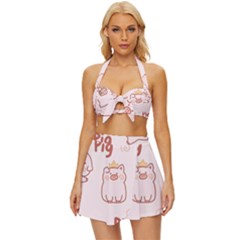 Pig Cartoon Background Pattern Vintage Style Bikini Top And Skirt Set  by Sudhe