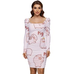 Pig Cartoon Background Pattern Women Long Sleeve Ruched Stretch Jersey Dress