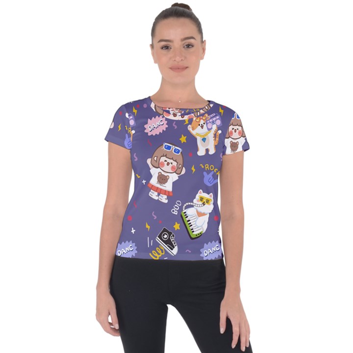 Girl Cartoon Background Pattern Short Sleeve Sports Top 