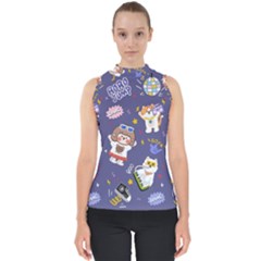 Girl Cartoon Background Pattern Mock Neck Shell Top by Sudhe