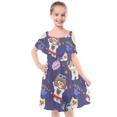 Girl Cartoon Background Pattern Kids  Cut Out Shoulders Chiffon Dress by Sudhe