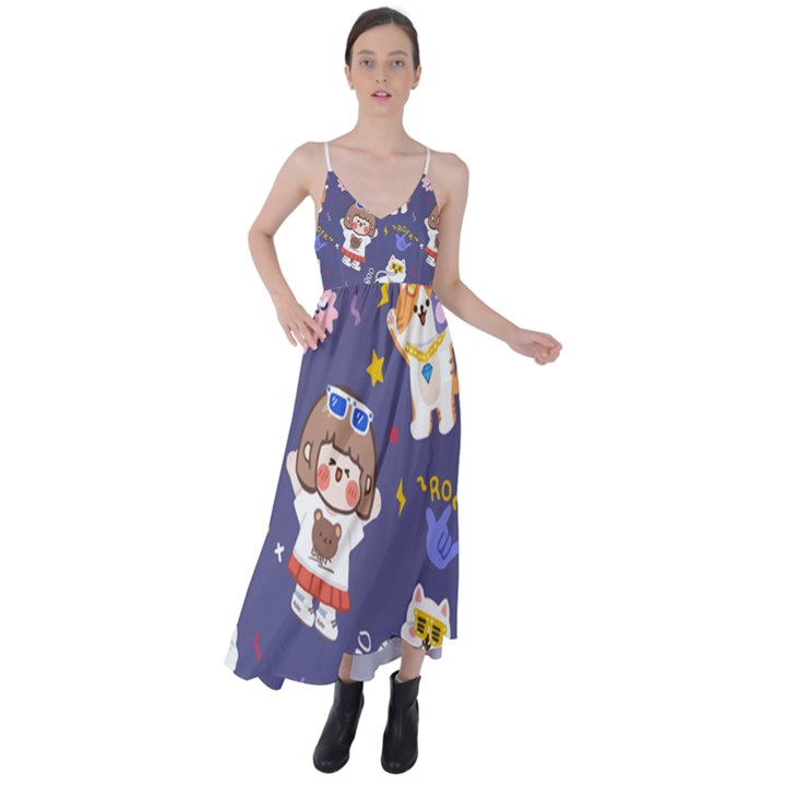 Girl Cartoon Background Pattern Tie Back Maxi Dress