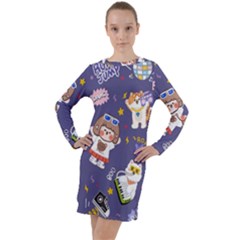 Girl Cartoon Background Pattern Long Sleeve Hoodie Dress