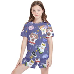 Girl Cartoon Background Pattern Kids  Tee And Sports Shorts Set by Sudhe