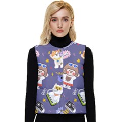 Girl Cartoon Background Pattern Women s Short Button Up Puffer Vest