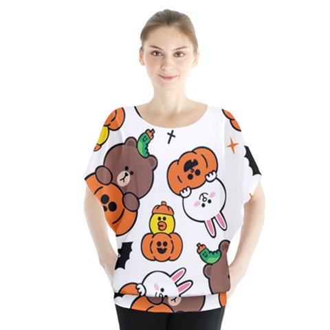 Illustration Pumpkin Bear Bat Bunny Chicken Batwing Chiffon Blouse by Sudhe