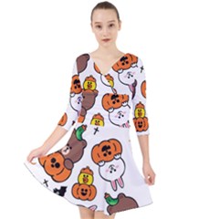 Illustration Pumpkin Bear Bat Bunny Chicken Quarter Sleeve Front Wrap Dress by Sudhe