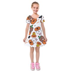 Illustration Pumpkin Bear Bat Bunny Chicken Kids  Short Sleeve Velvet Dress by Sudhe