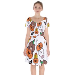 Illustration Pumpkin Bear Bat Bunny Chicken Short Sleeve Bardot Dress by Sudhe