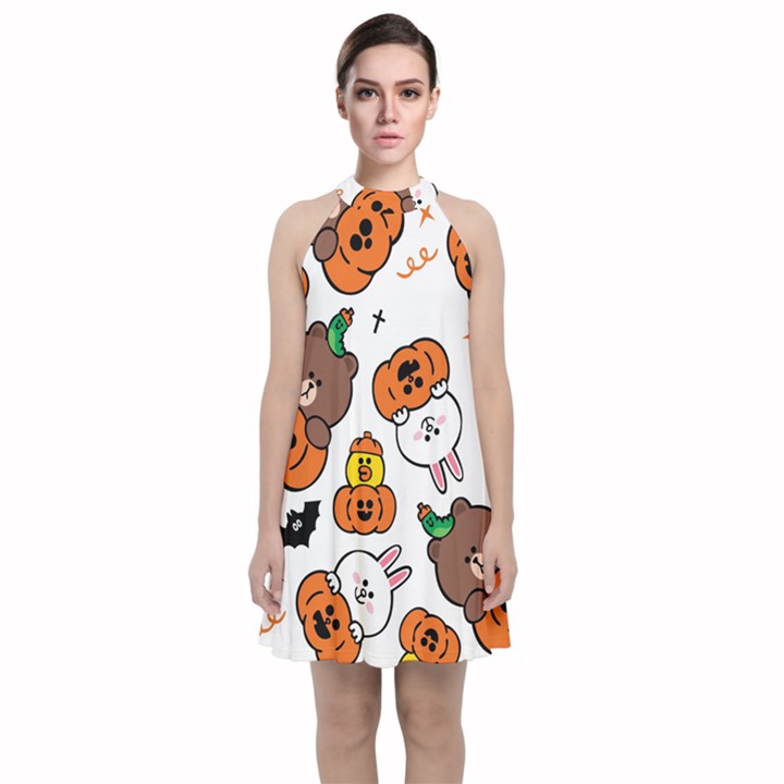 Illustration Pumpkin Bear Bat Bunny Chicken Velvet Halter Neckline Dress 