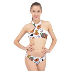 Illustration Pumpkin Bear Bat Bunny Chicken High Neck Bikini Set by Sudhe