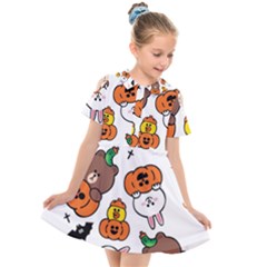 Illustration Pumpkin Bear Bat Bunny Chicken Kids  Short Sleeve Shirt Dress by Sudhe