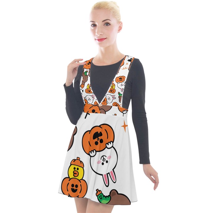 Illustration Pumpkin Bear Bat Bunny Chicken Plunge Pinafore Velour Dress