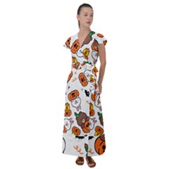 Illustration Pumpkin Bear Bat Bunny Chicken Flutter Sleeve Maxi Dress by Sudhe