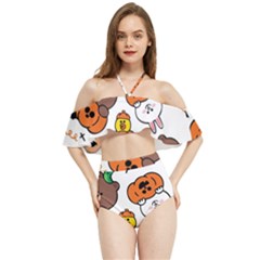 Illustration Pumpkin Bear Bat Bunny Chicken Halter Flowy Bikini Set  by Sudhe