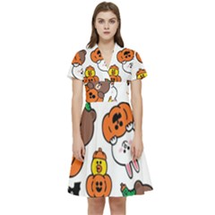 Illustration Pumpkin Bear Bat Bunny Chicken Short Sleeve Waist Detail Dress by Sudhe